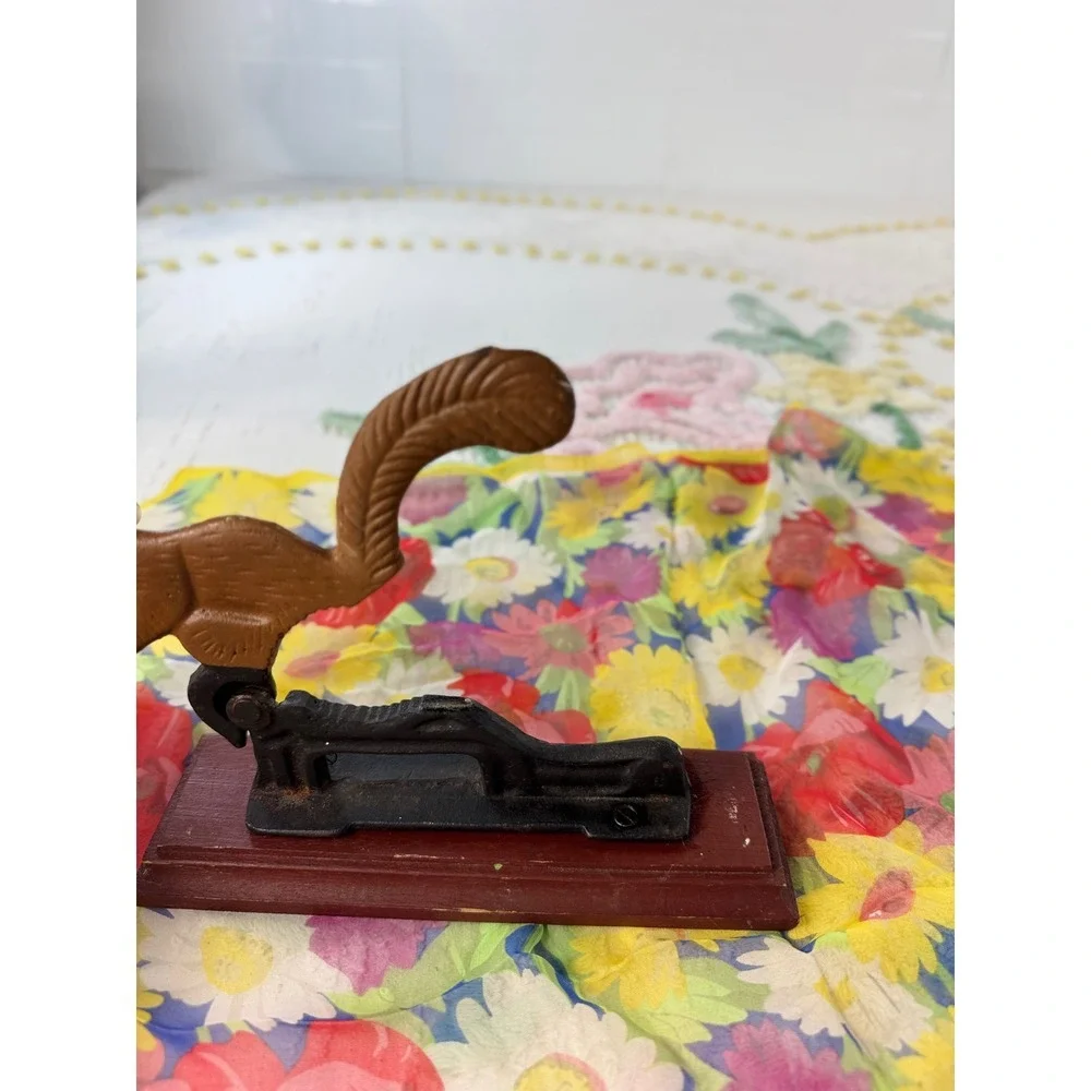 Vintage Squirrel Cast Iron Nutcracker on Wood Base Rustic Cabin Decor